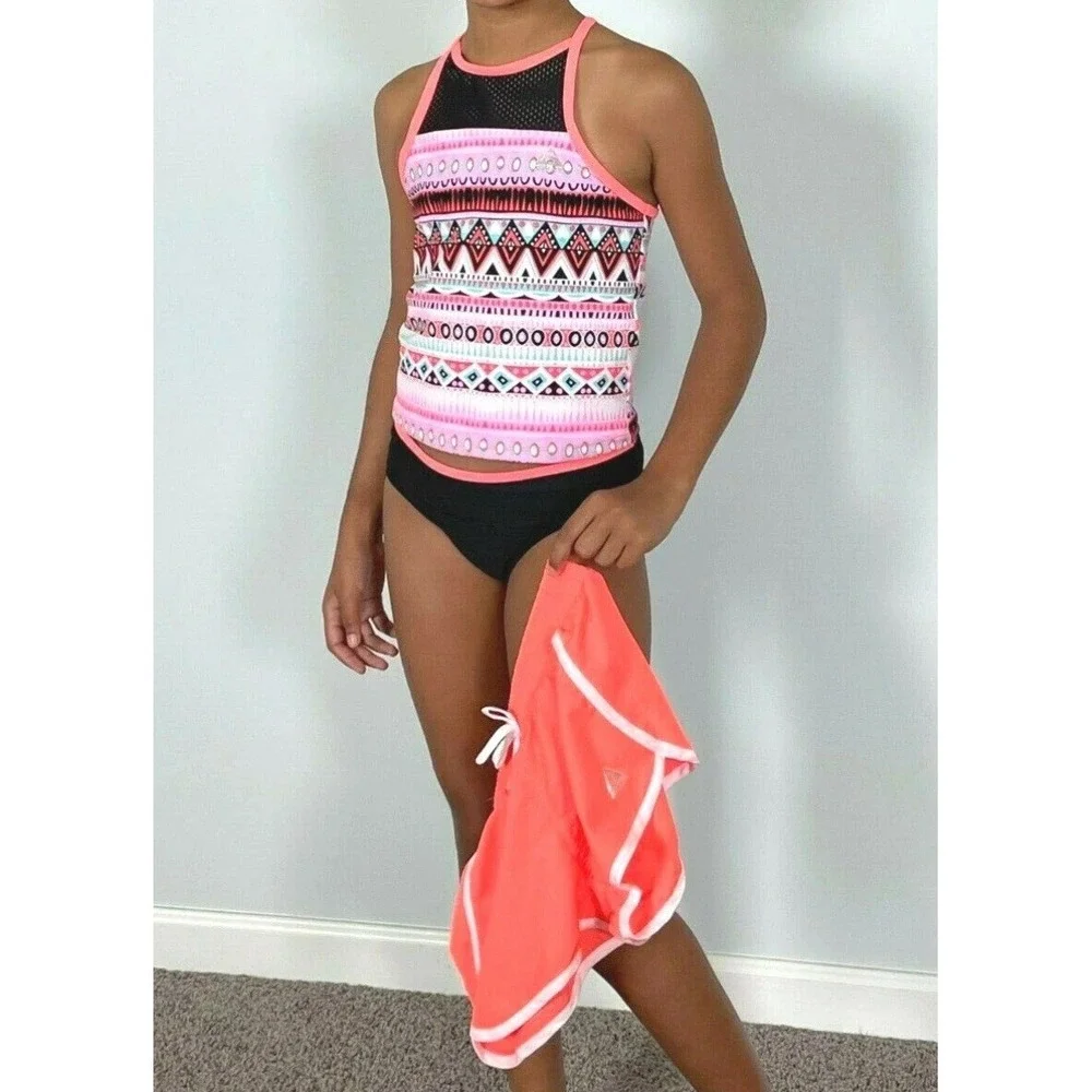 NEW Gerry Girls 3-pc Swimsuit Set Neon Orange Pink 14 Tankini Bikini Shorts‎